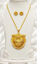 Gold Micro Plated Copper Floral Sunburst Temple Pendant Necklace Set
