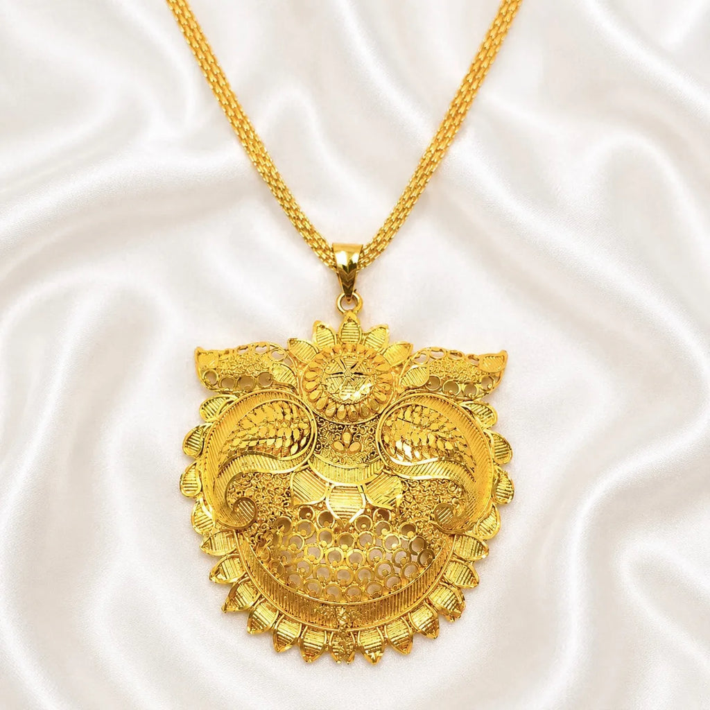 Gold Micro Plated Copper Floral Sunburst Temple Pendant Necklace Set