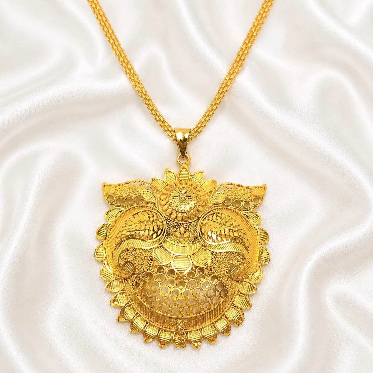 Gold Micro Plated Copper Floral Sunburst Temple Pendant Necklace Set