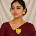 Gold Micro Plated Copper Floral Sunburst Temple Pendant Necklace Set