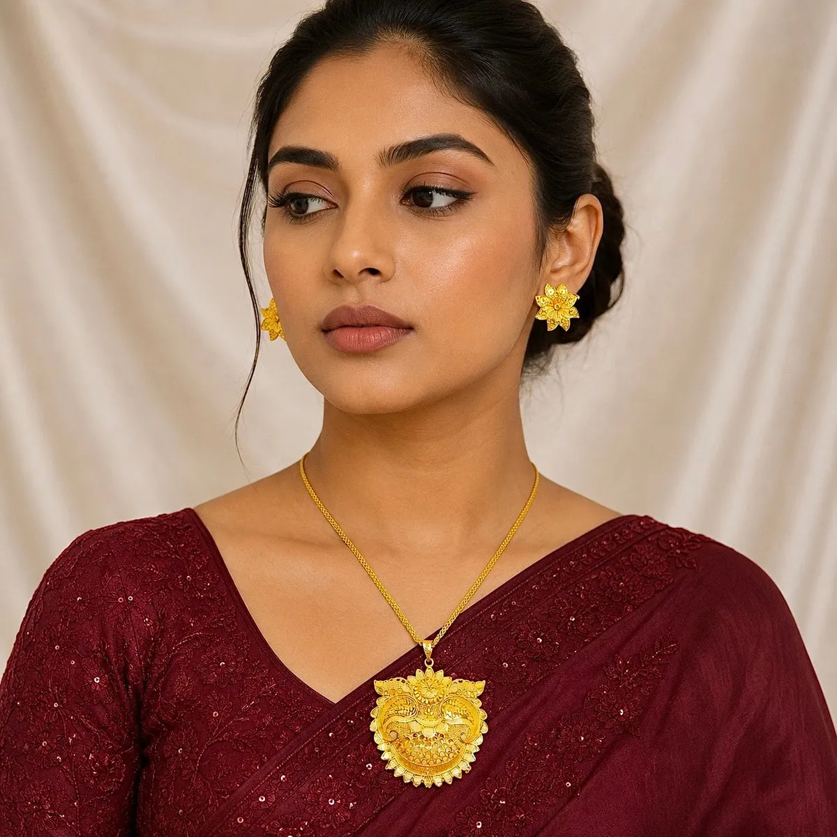 Gold Micro Plated Copper Floral Sunburst Temple Pendant Necklace Set
