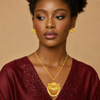 Gold Micro Plated Copper Floral Sunburst Temple Pendant Necklace Set