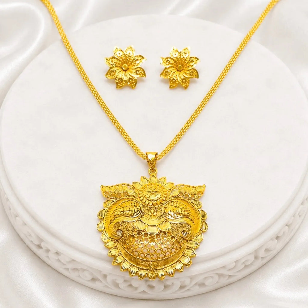 Gold Micro Plated Copper Floral Sunburst Temple Pendant Necklace Set