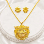 Gold Micro Plated Copper Floral Sunburst Temple Pendant Necklace Set