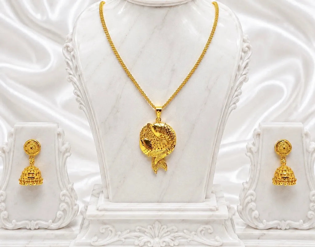 Gold Micro Plated Copper Twin Fish Pendant Necklace Jhumka Set For Women