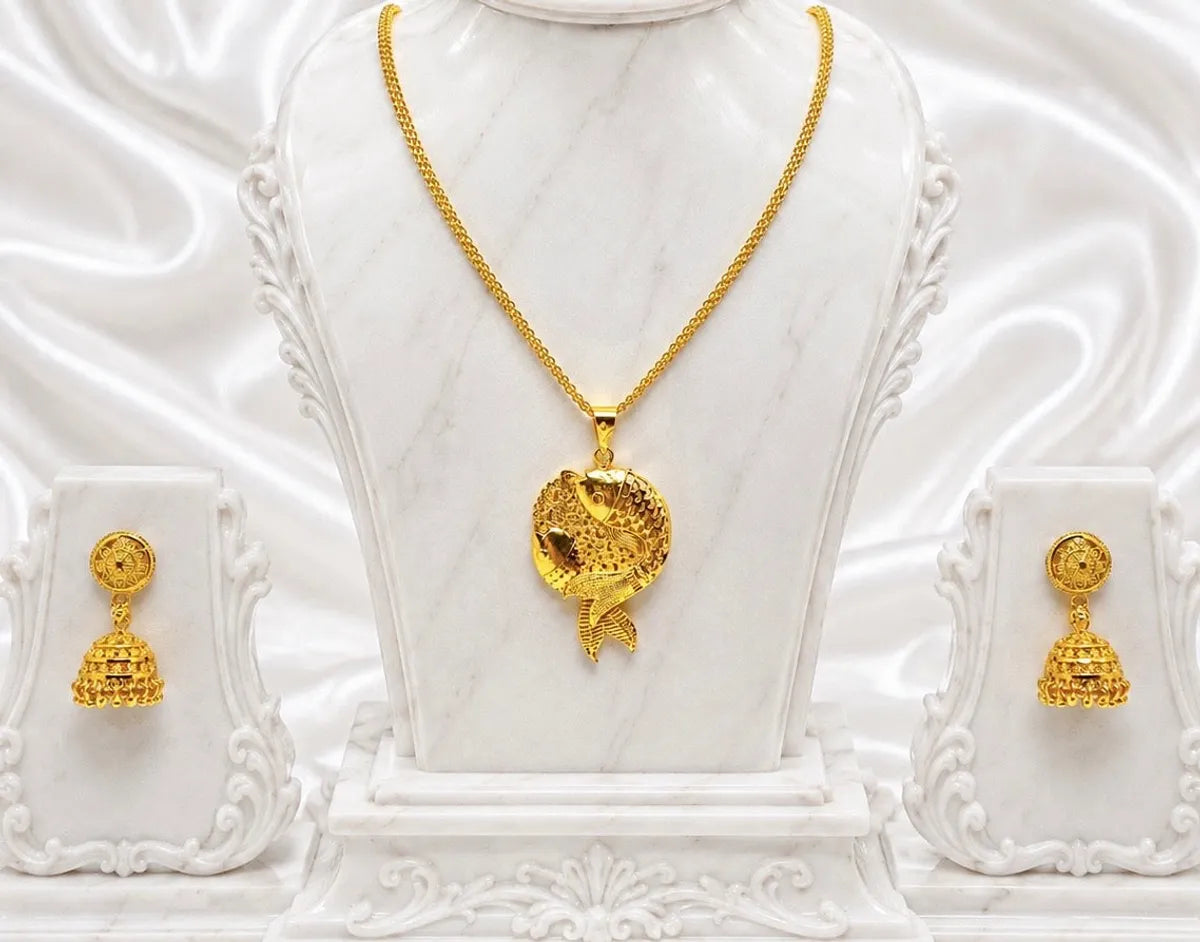Gold Micro Plated Copper Twin Fish Pendant Necklace Jhumka Set For Women