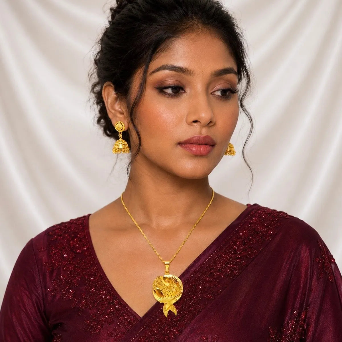 Gold Micro Plated Copper Twin Fish Pendant Necklace Jhumka Set For Women