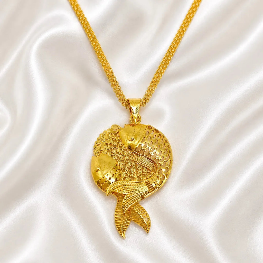 Gold Micro Plated Copper Twin Fish Pendant Necklace Jhumka Set For Women