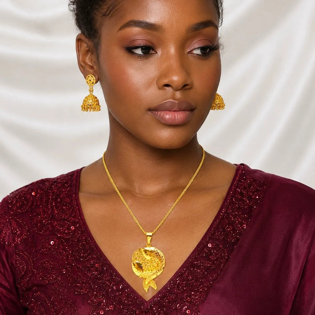 Gold Micro Plated Copper Twin Fish Pendant Necklace Jhumka Set For Women