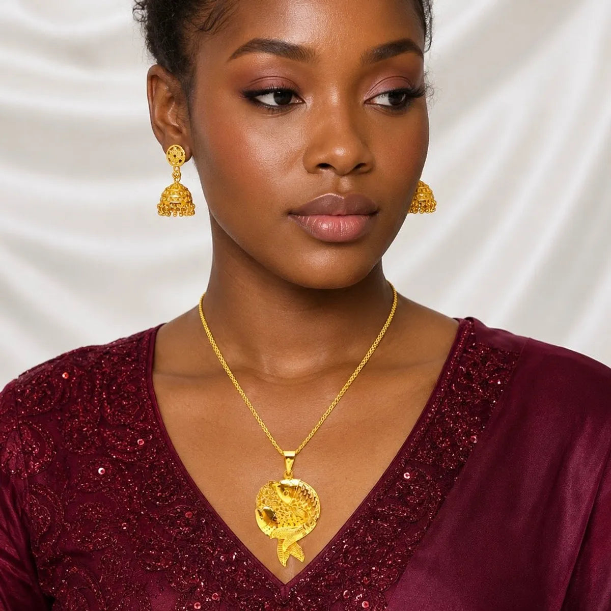 Gold Micro Plated Copper Twin Fish Pendant Necklace Jhumka Set For Women