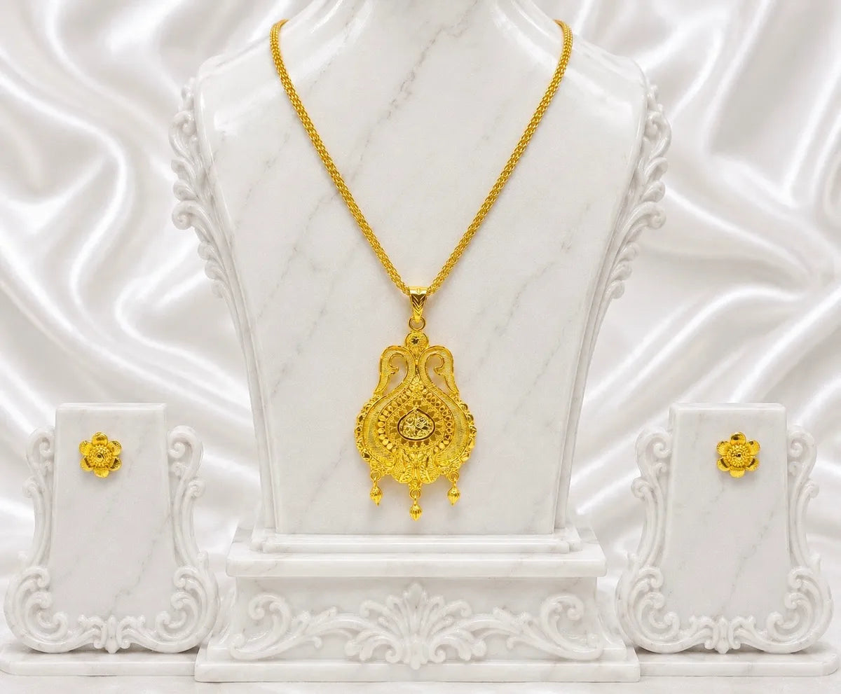 Gold Micro Plated Copper Temple Swan Motif Pendant Necklace Set For Women