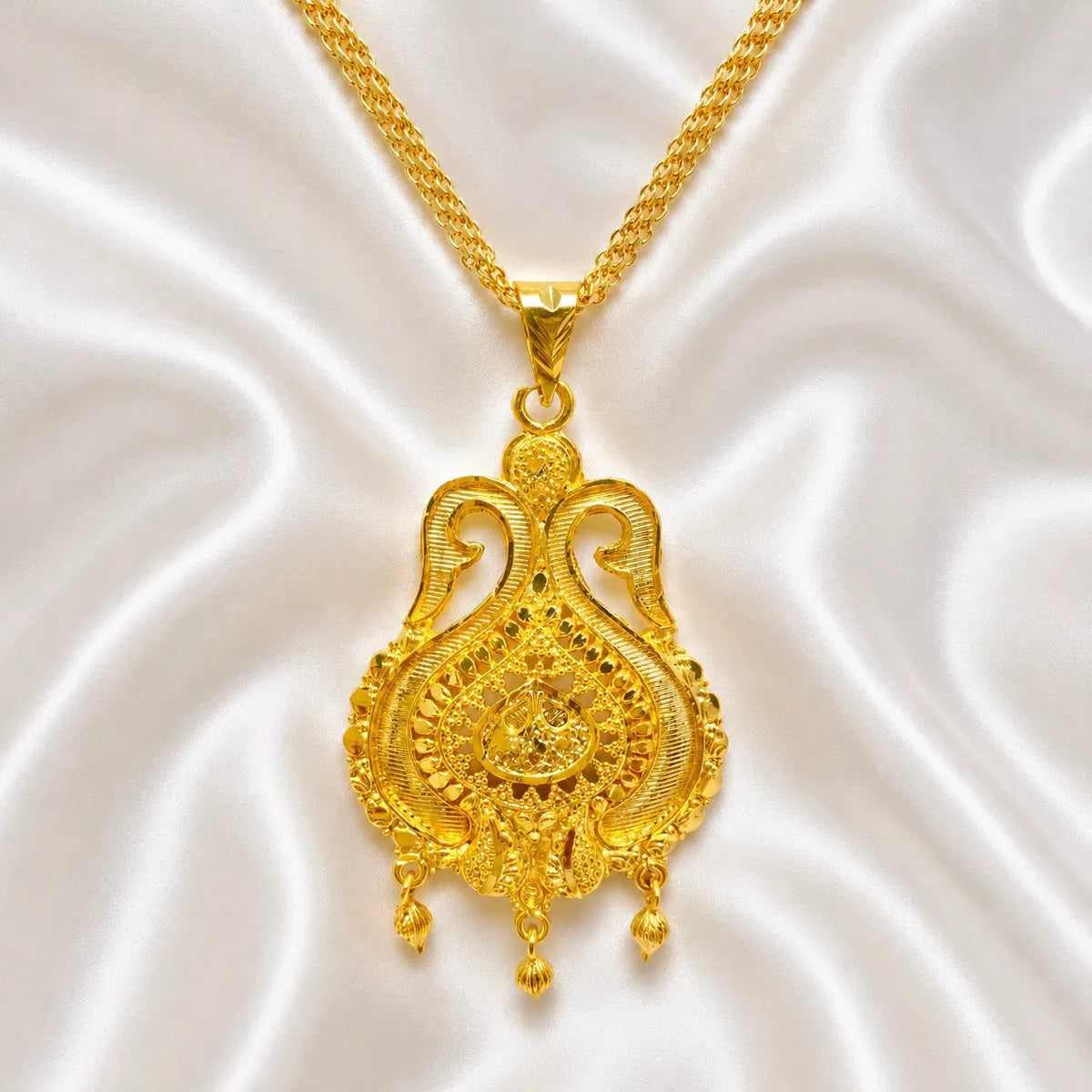 Gold Micro Plated Copper Temple Swan Motif Pendant Necklace Set For Women
