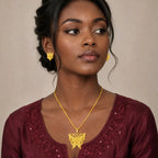 Gold Micro Plated Copper Butterfly Motif Pendant Necklace Set For Women