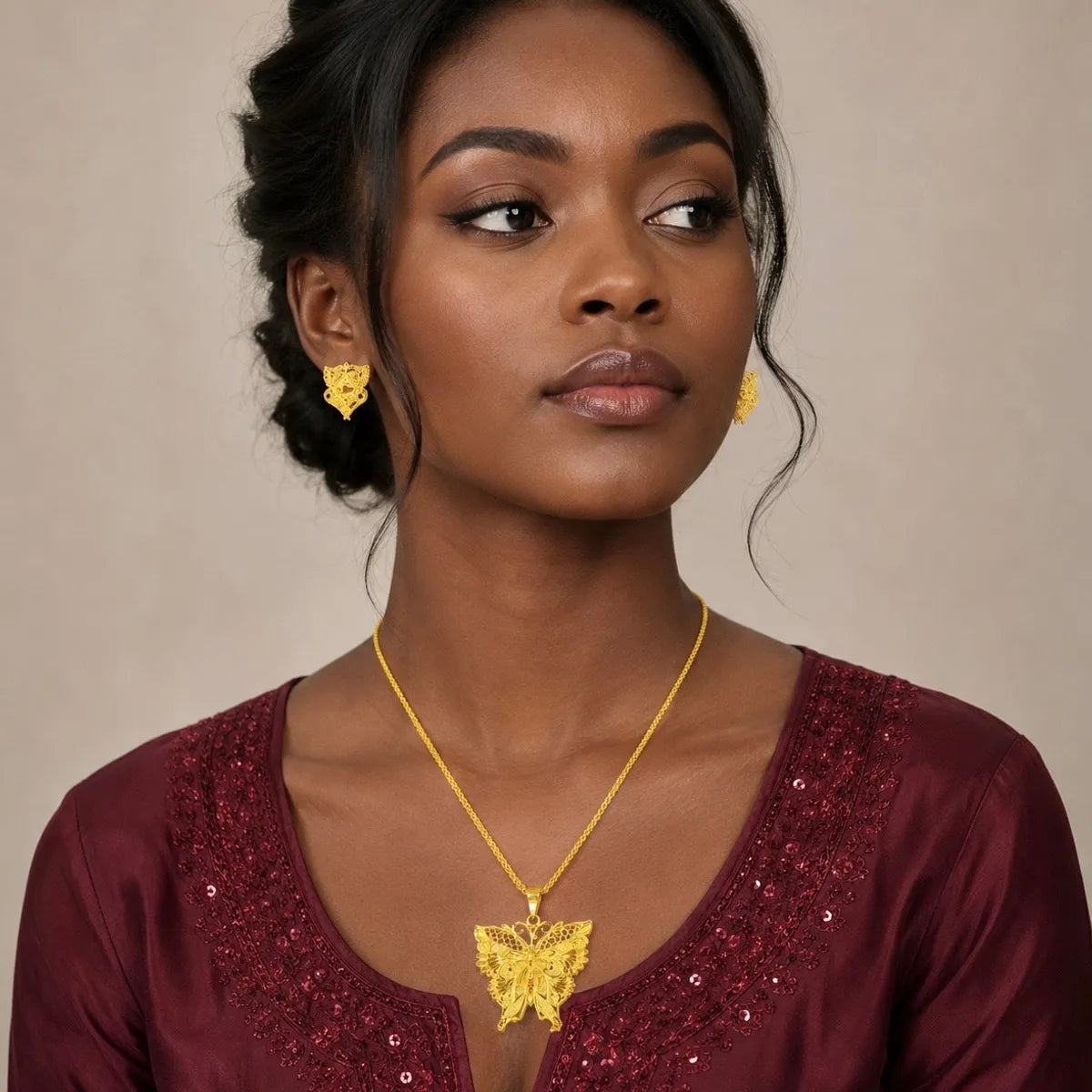 Gold Micro Plated Copper Butterfly Motif Pendant Necklace Set For Women
