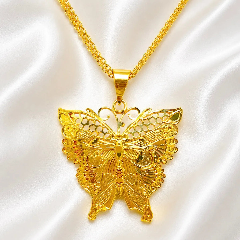 Gold Micro Plated Copper Butterfly Motif Pendant Necklace Set For Women