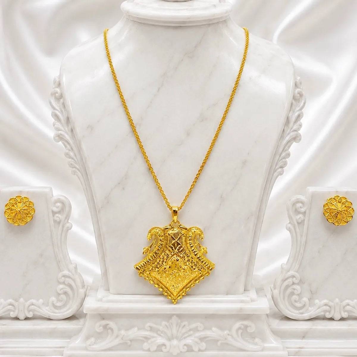 Gold Micro Plated Twin Swan Temple Pendant Necklace Set
