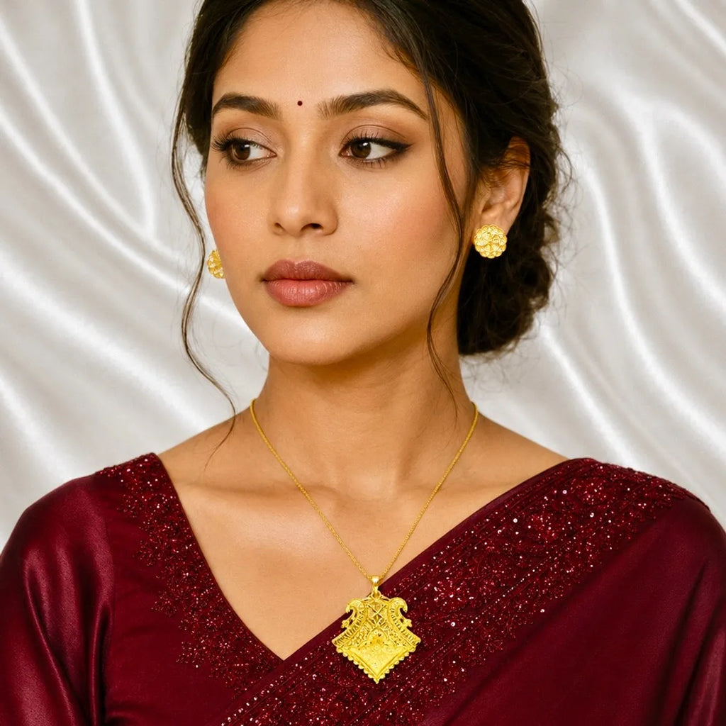 Gold Micro Plated Twin Swan Temple Pendant Necklace Set