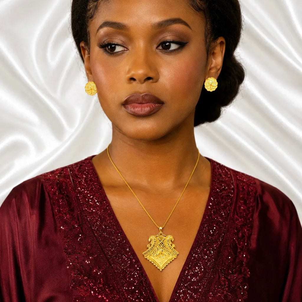 Gold Micro Plated Twin Swan Temple Pendant Necklace Set