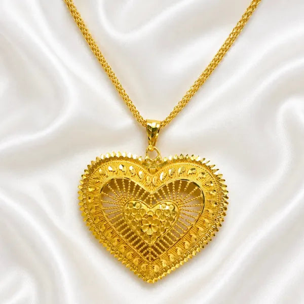 Gold Micro Plated Heart Motif Statement Pendant Necklace Set