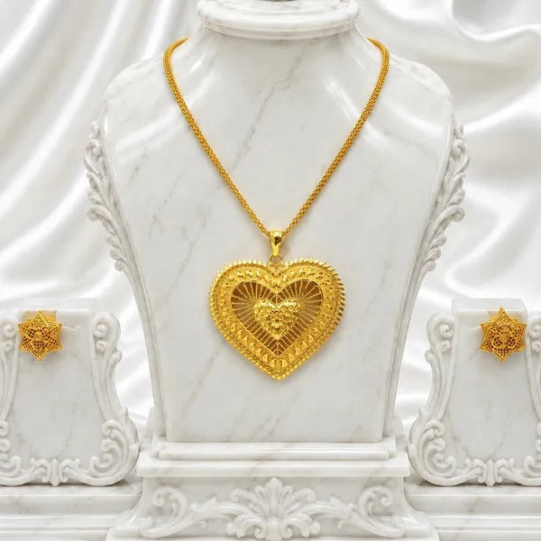 Gold Micro Plated Heart Motif Statement Pendant Necklace Set