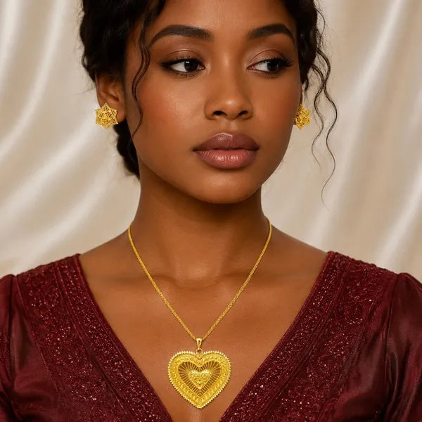 Gold Micro Plated Heart Motif Statement Pendant Necklace Set