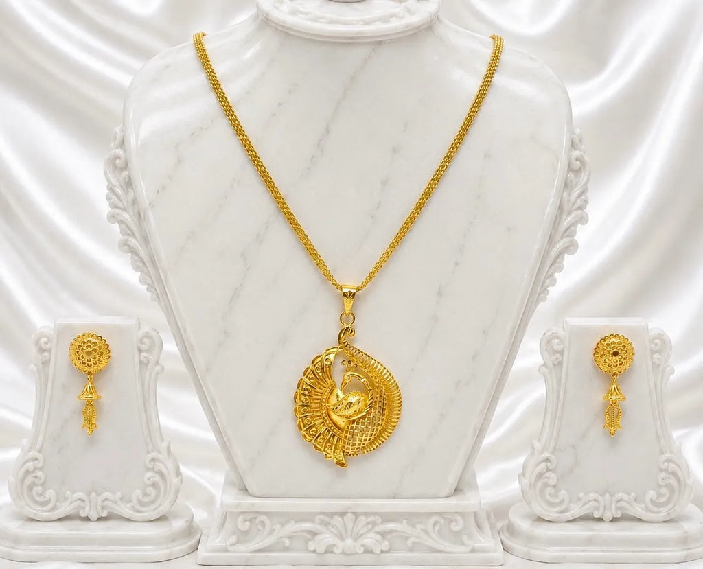Gold Micro Plated Peacock Spiral Pendant Necklace Set For Women
