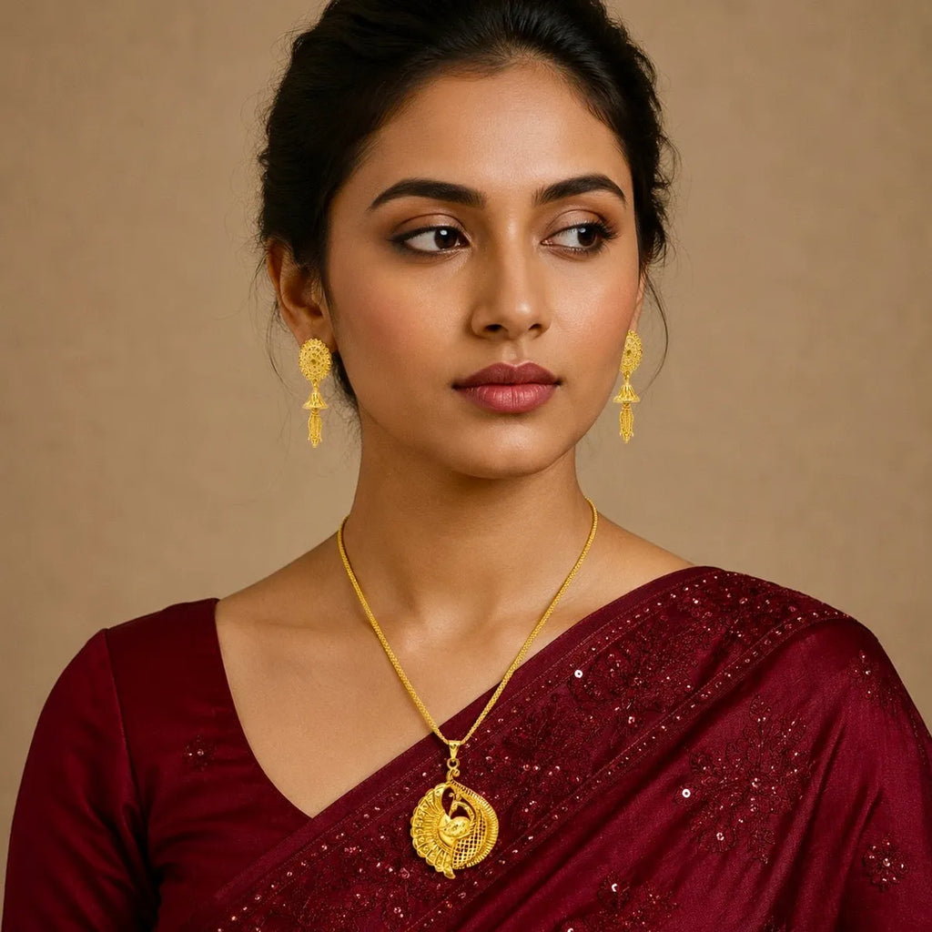 Gold Micro Plated Peacock Spiral Pendant Necklace Set For Women