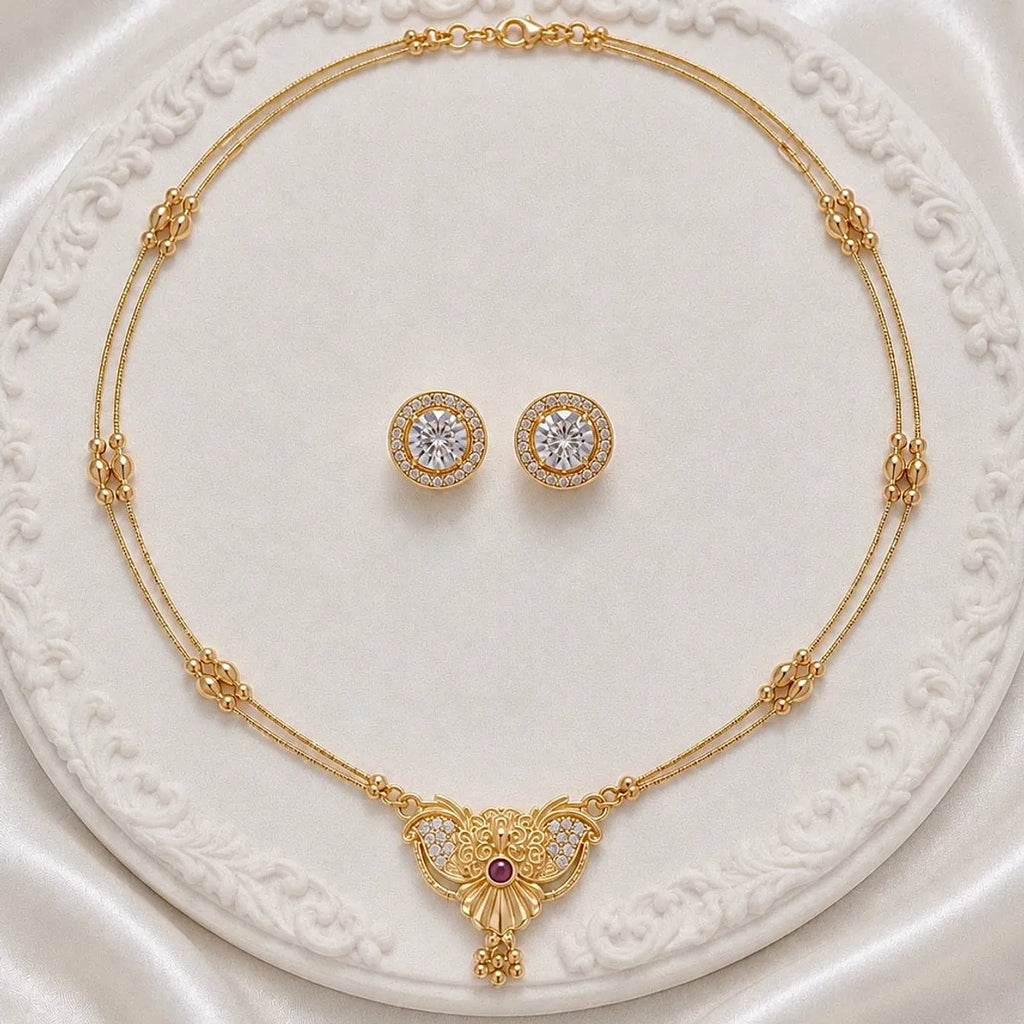 Gold Micro-Plated Copper Ad Crystal Floral Pendant Necklace Set For Women