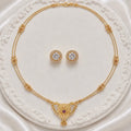 Gold Micro-Plated Copper Ad Crystal Floral Pendant Necklace Set For Women
