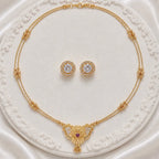 Gold Micro-Plated Copper Ad Crystal Floral Pendant Necklace Set For Women