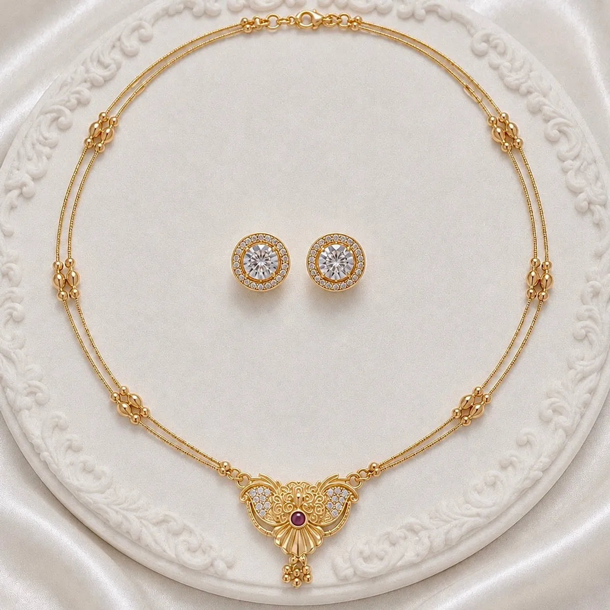 Gold Micro Plated Meenakari Round Mesh Necklace Set For Women