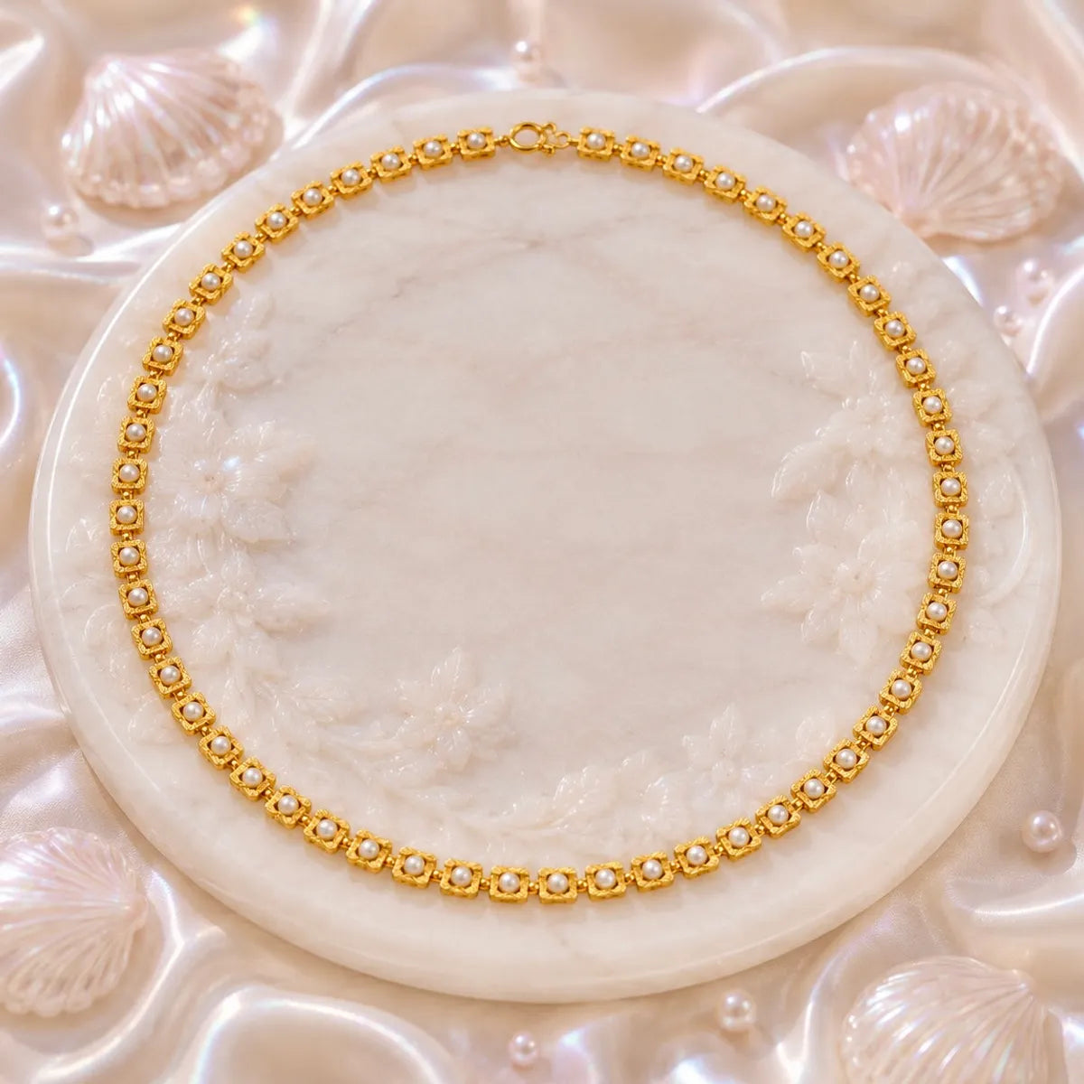 Gold Micro Plated Square Pearl Link Necklace For Women