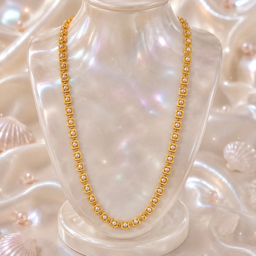 Gold Micro Plated Square Pearl Link Necklace For Women