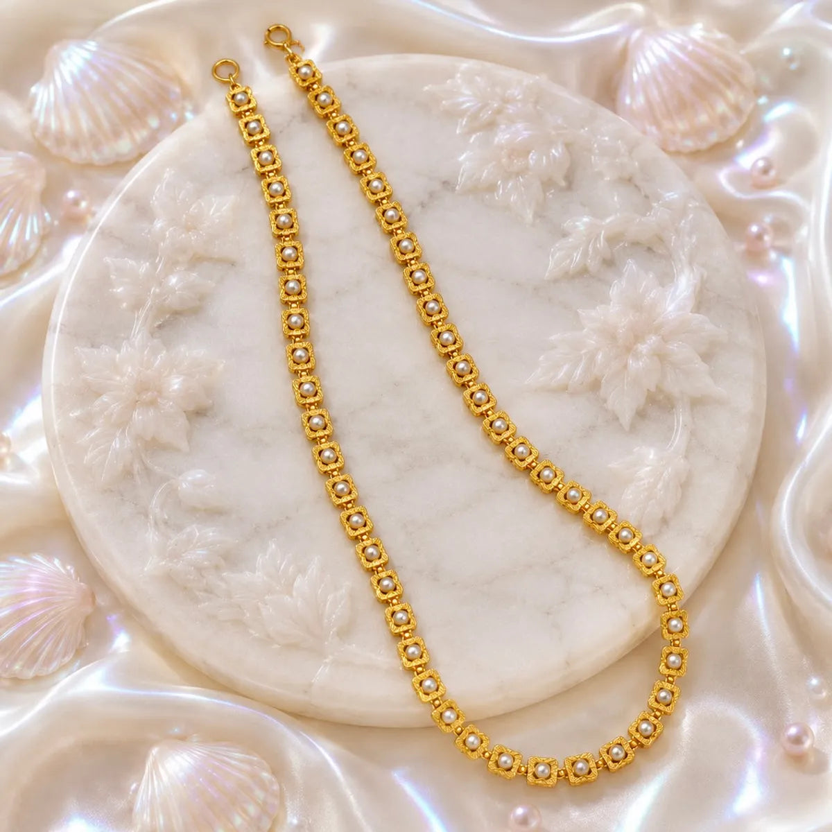 Gold Micro Plated Square Pearl Link Necklace For Women