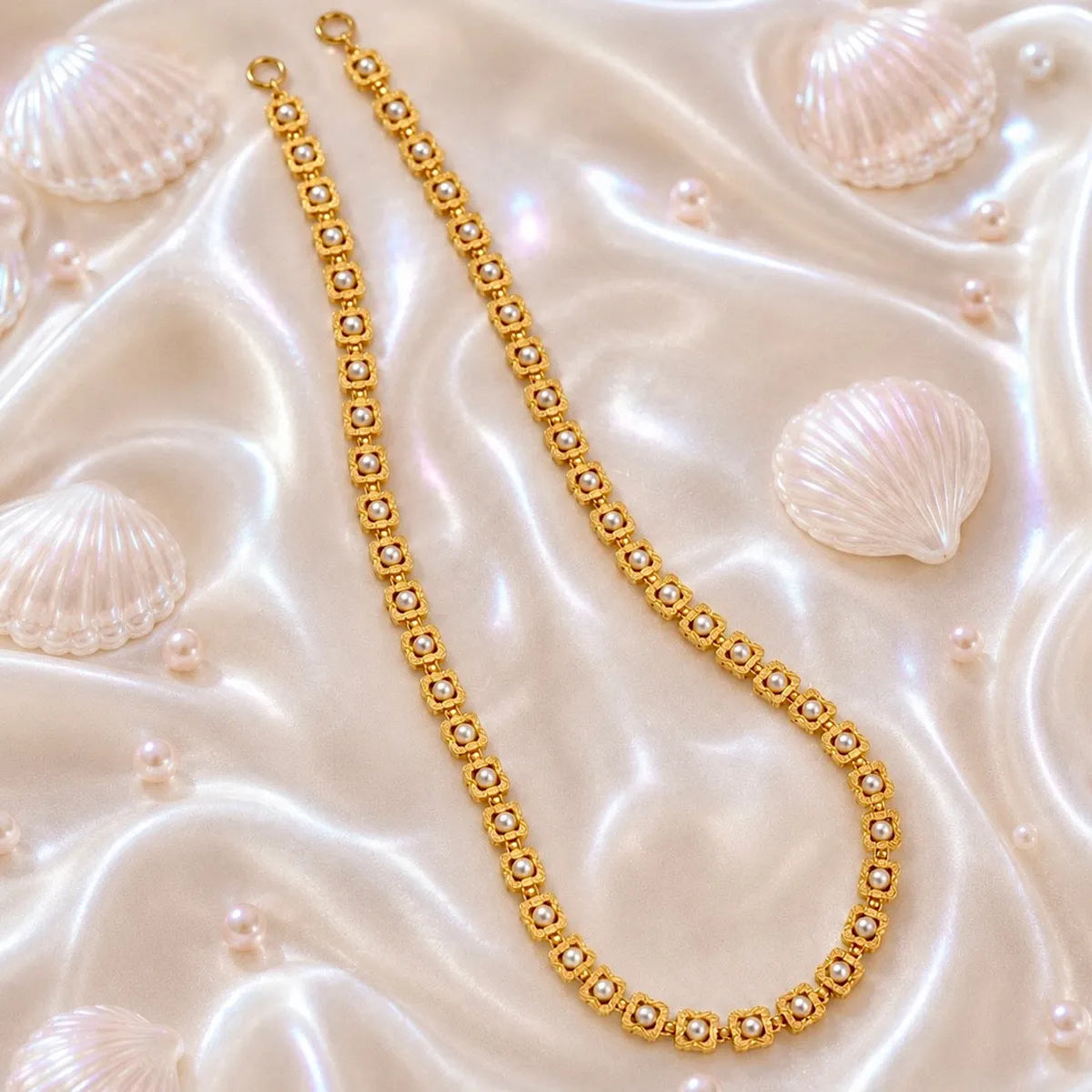 Gold Micro Plated Square Pearl Link Necklace For Women