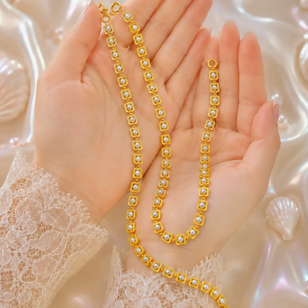 Gold Micro Plated Square Pearl Link Necklace For Women