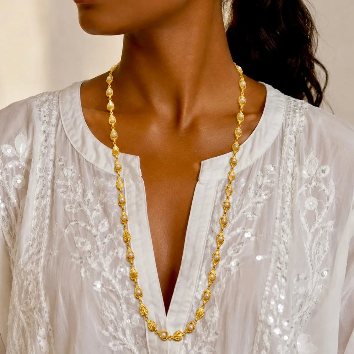 Gold Micro Plated Copper Leaf Pearl Link Necklace For Women