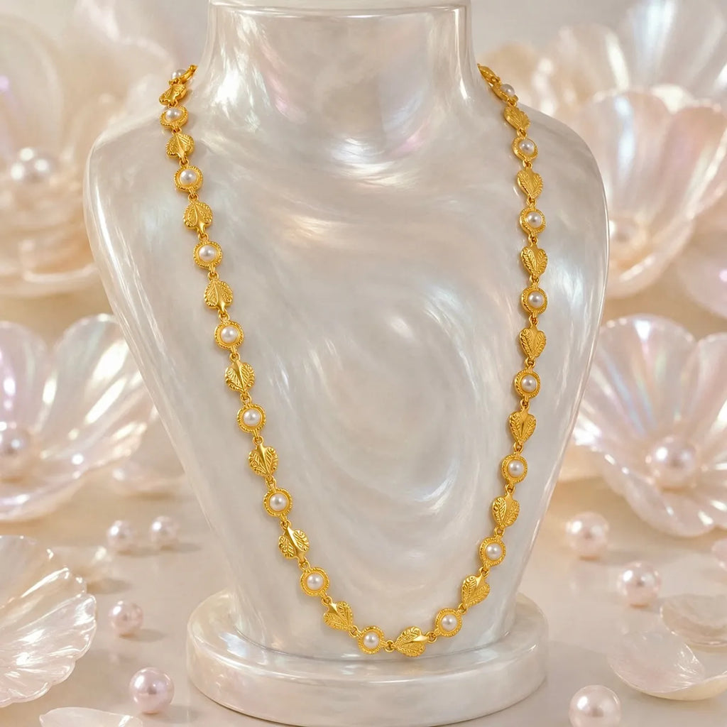Gold Micro Plated Copper Leaf Pearl Link Necklace For Women