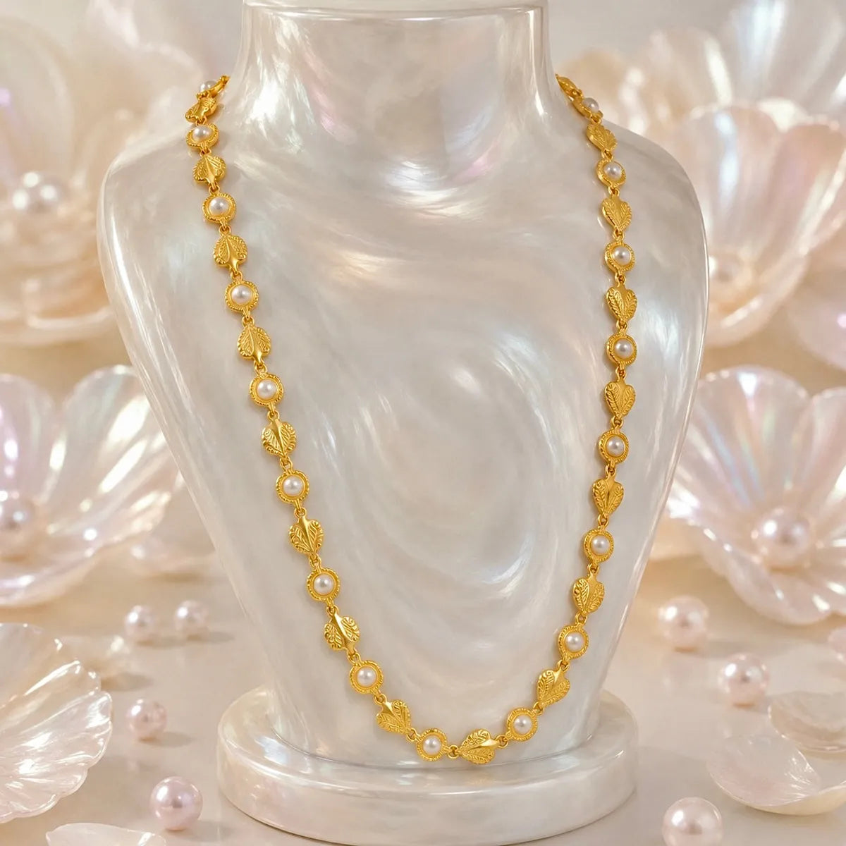 Gold Micro Plated Copper Leaf Pearl Link Necklace For Women