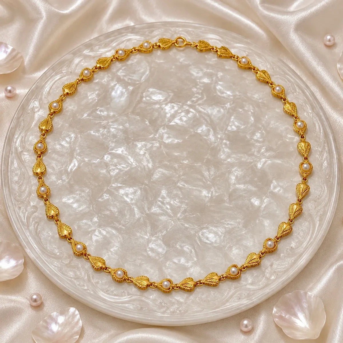 Gold Micro Plated Copper Leaf Pearl Link Necklace For Women