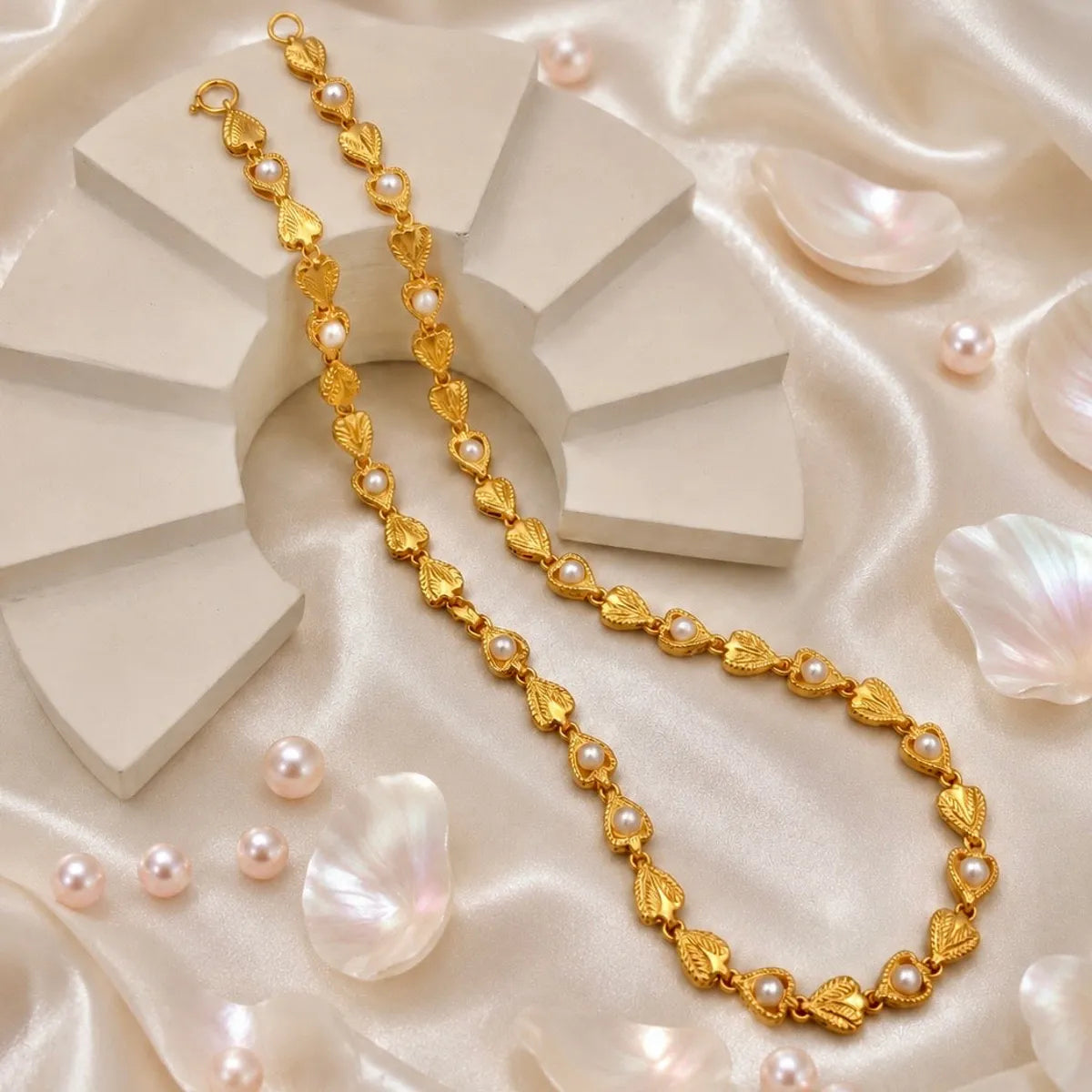Gold Micro Plated Copper Leaf Pearl Link Necklace For Women