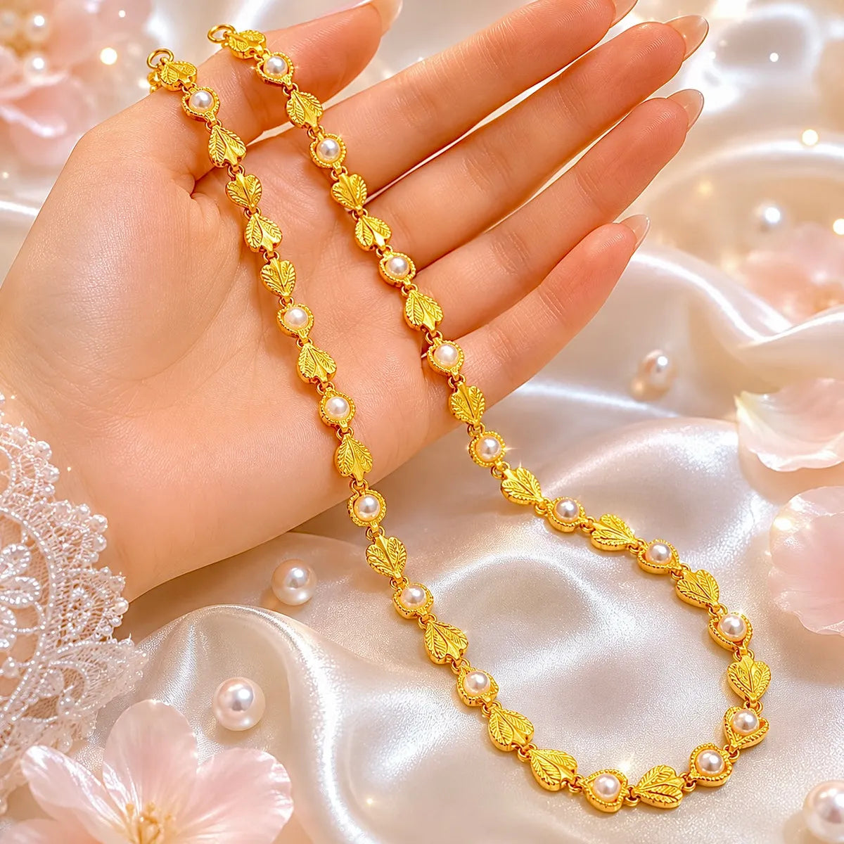 Gold Micro Plated Copper Leaf Pearl Link Necklace For Women