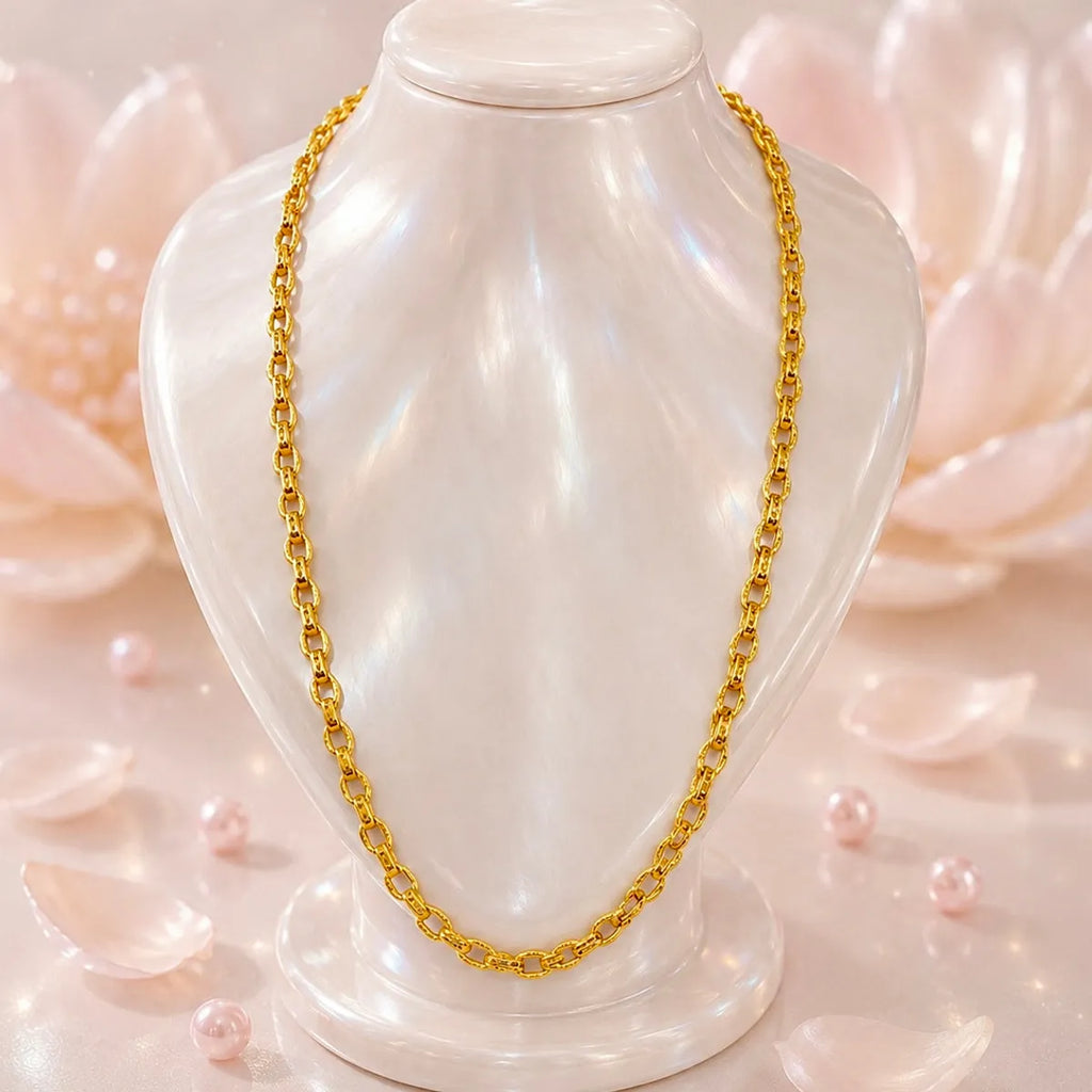 Gold Micro-Plated Copper Textured Belcher Link Neck Chain For Women