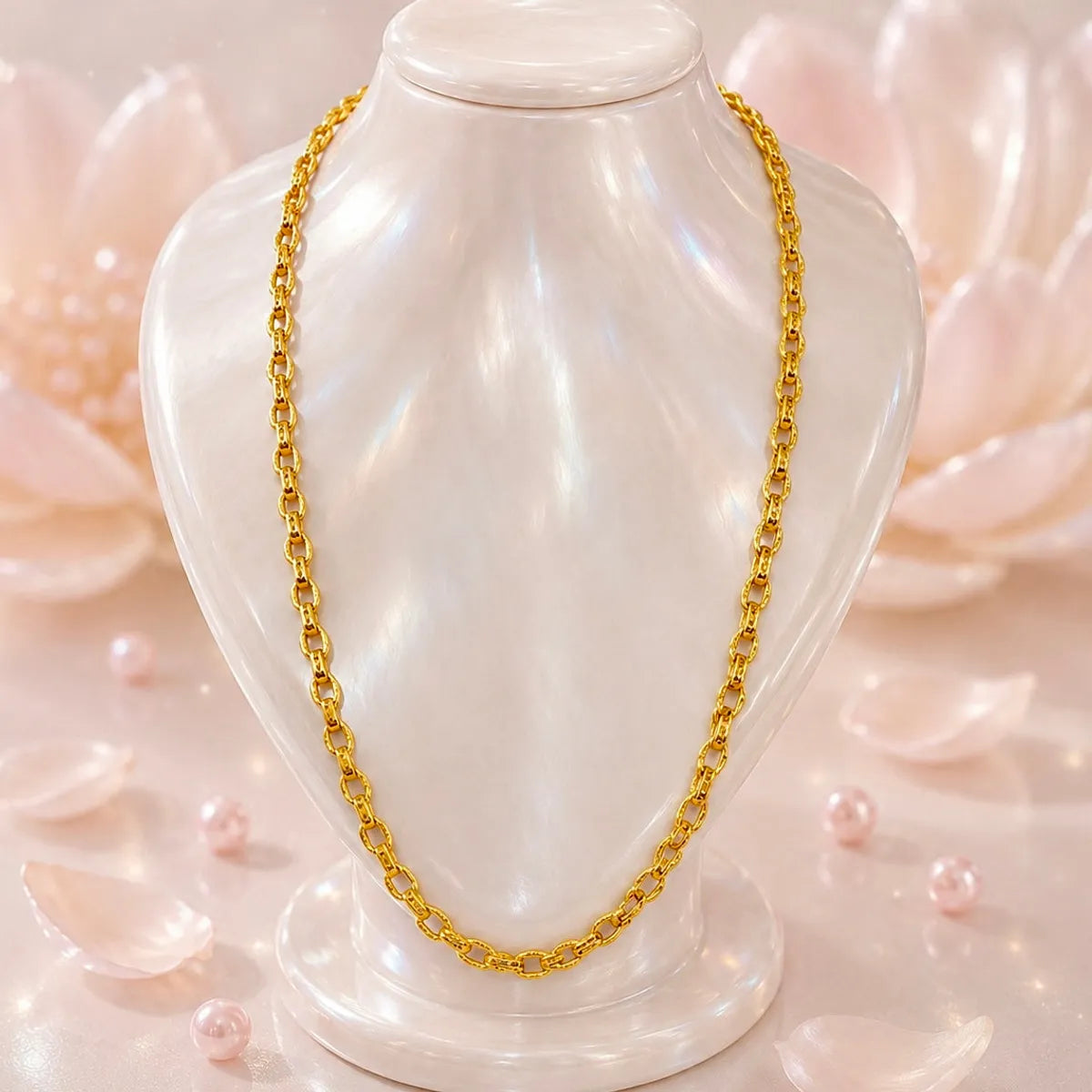 Gold Micro-Plated Copper Textured Belcher Link Neck Chain For Women