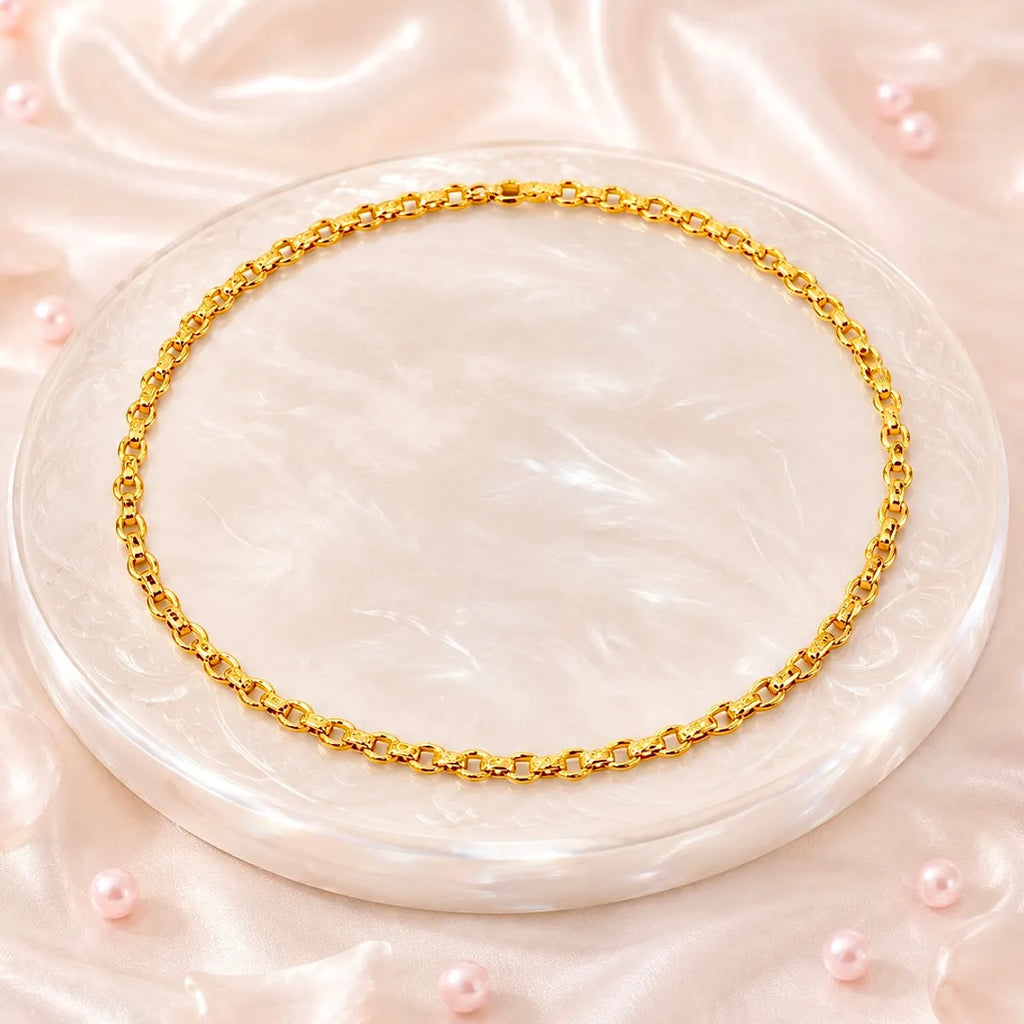 Gold Micro-Plated Copper Textured Belcher Link Neck Chain For Women