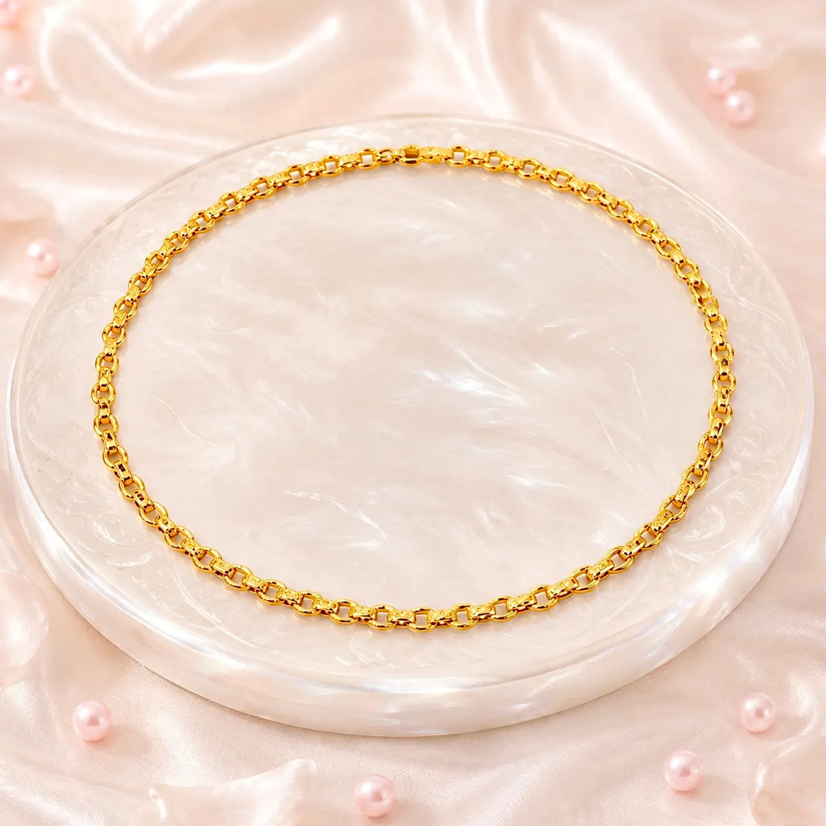 Gold Micro-Plated Copper Textured Belcher Link Neck Chain For Women