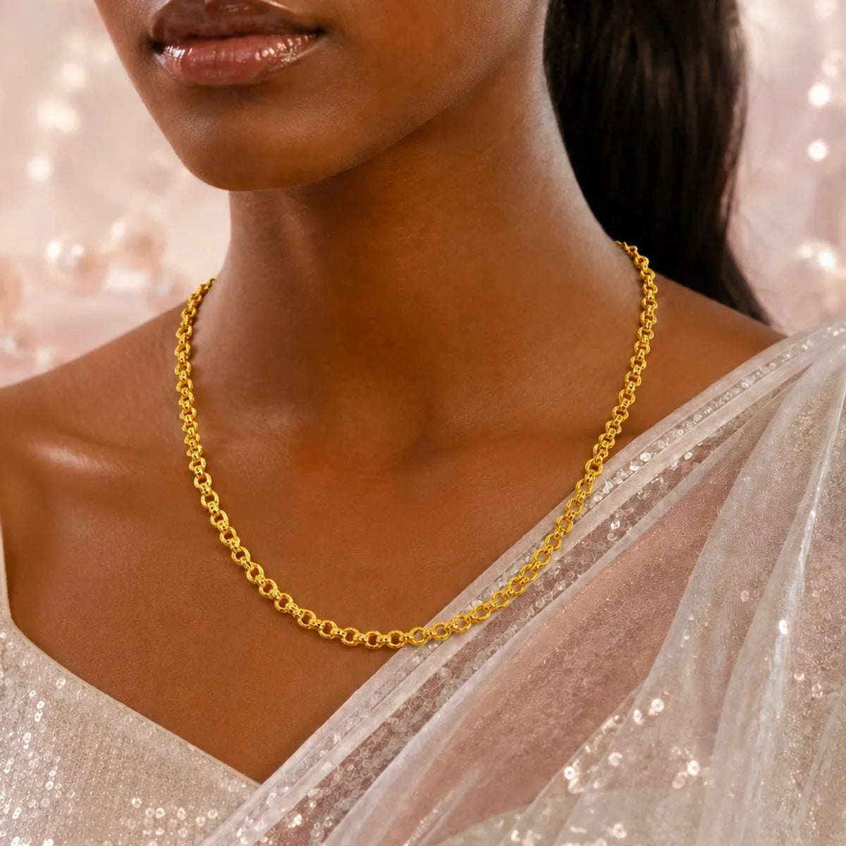 Gold Micro-Plated Copper Textured Belcher Link Neck Chain For Women
