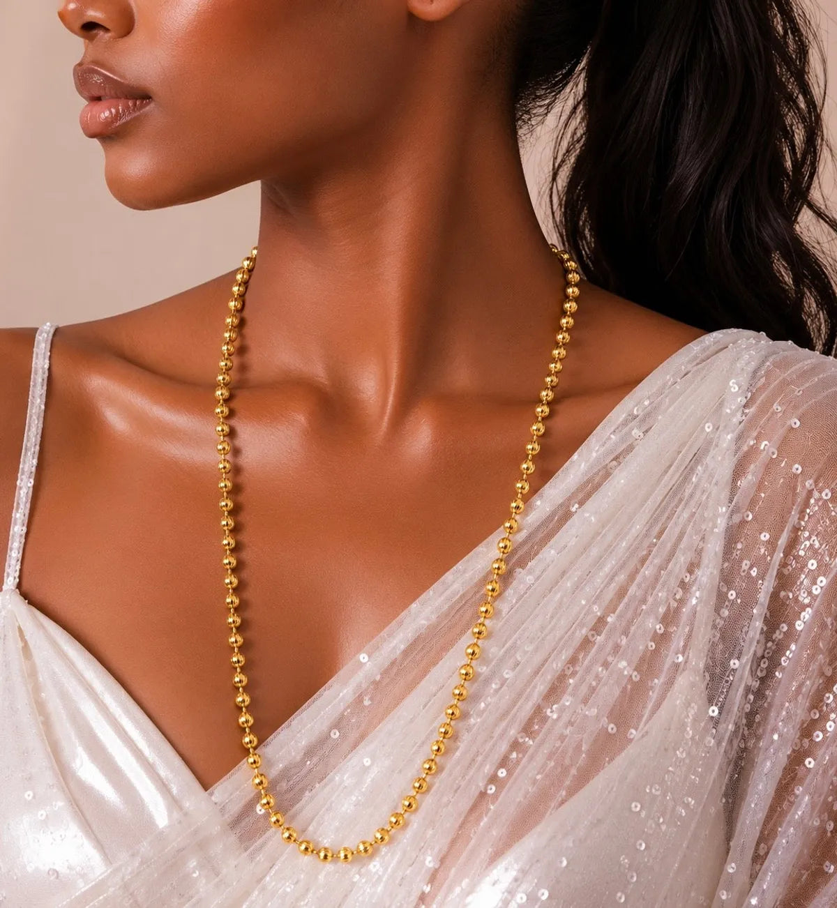 Gold Micro Plated Embossed Ball Bead Neck Chain For Women